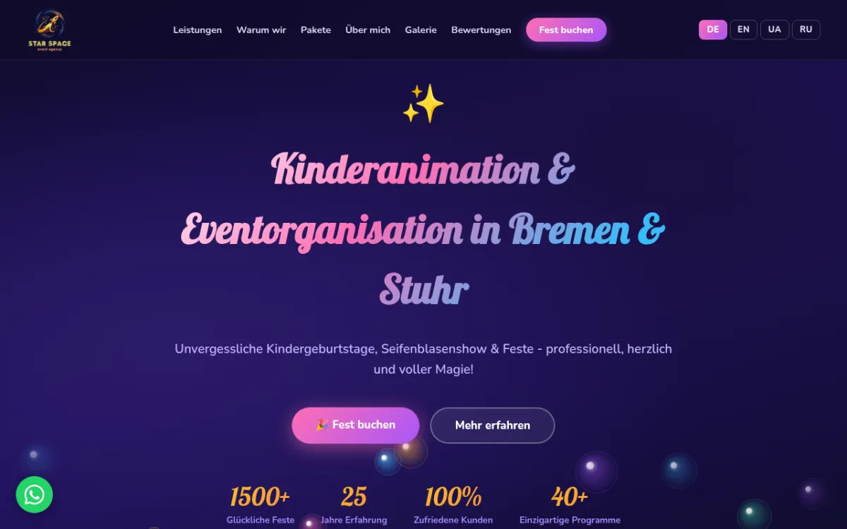 Screenshot der Startseite von Star Space